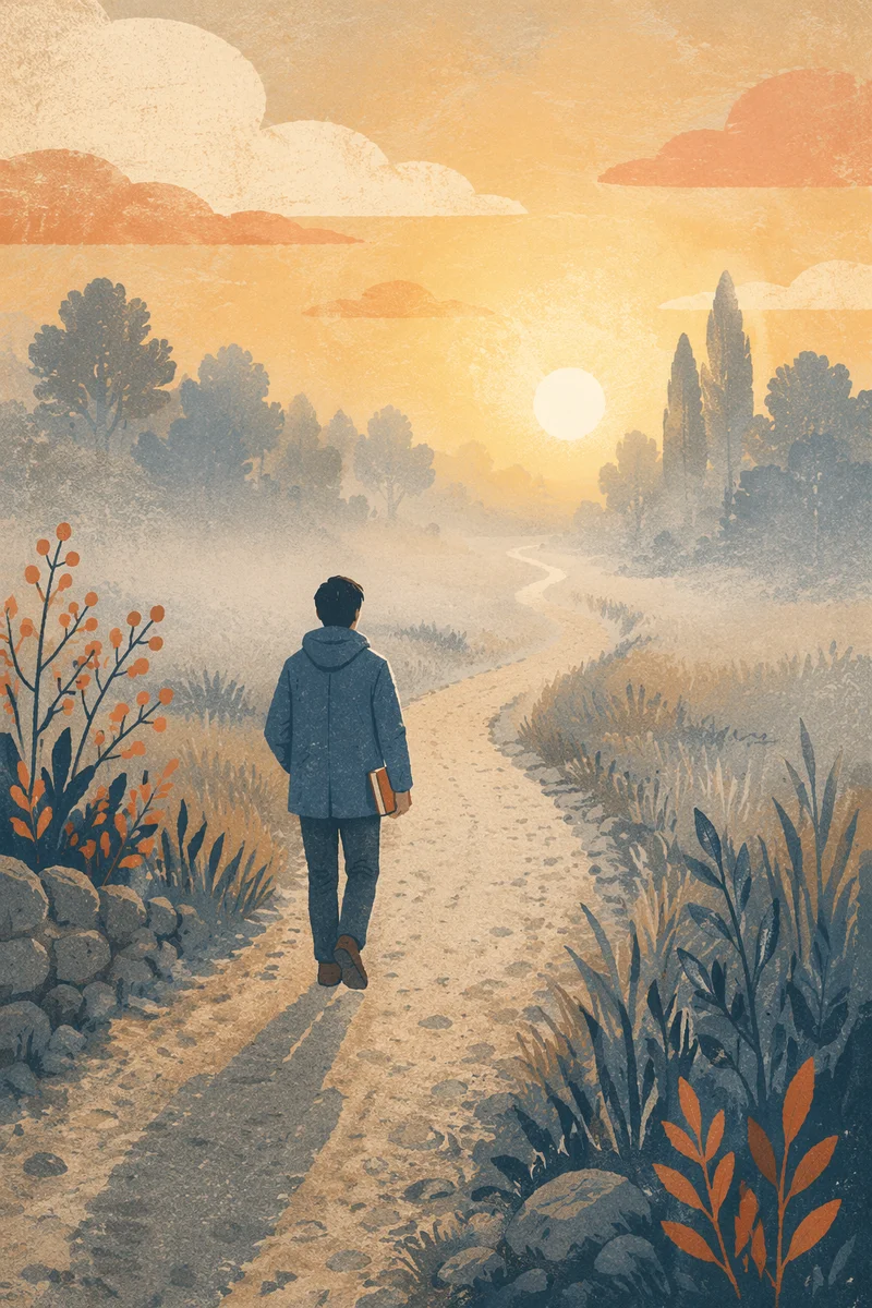 Solitary Walk Toward Dawn Light
