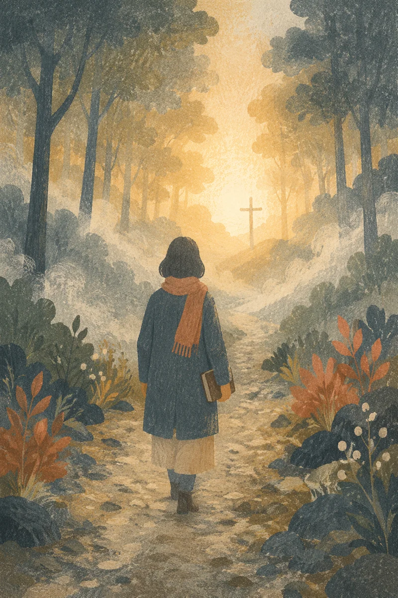 Walking Through Fog Toward Morning Light