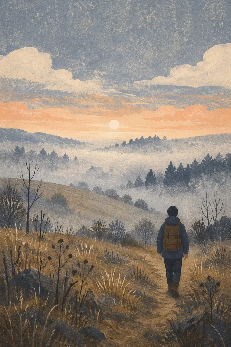 Lone Walker Through Fog Toward Light