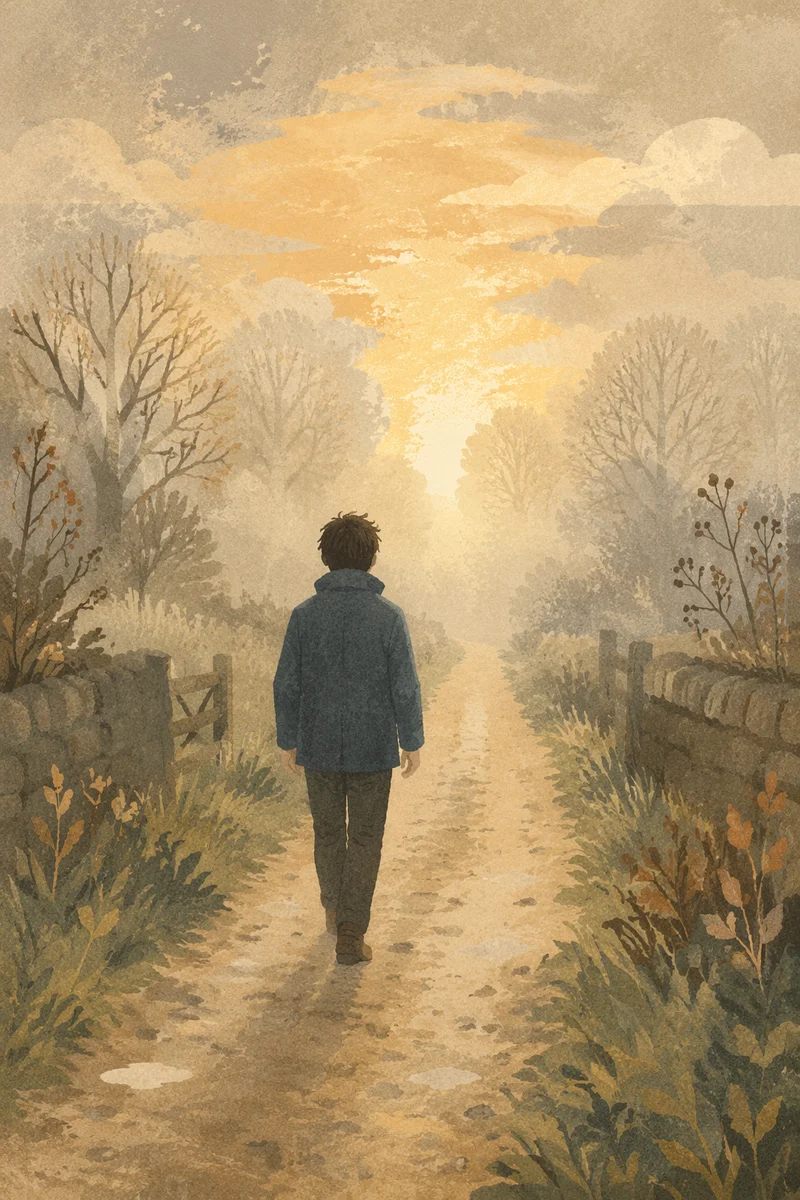 Lone Walker Through Fog Toward Light