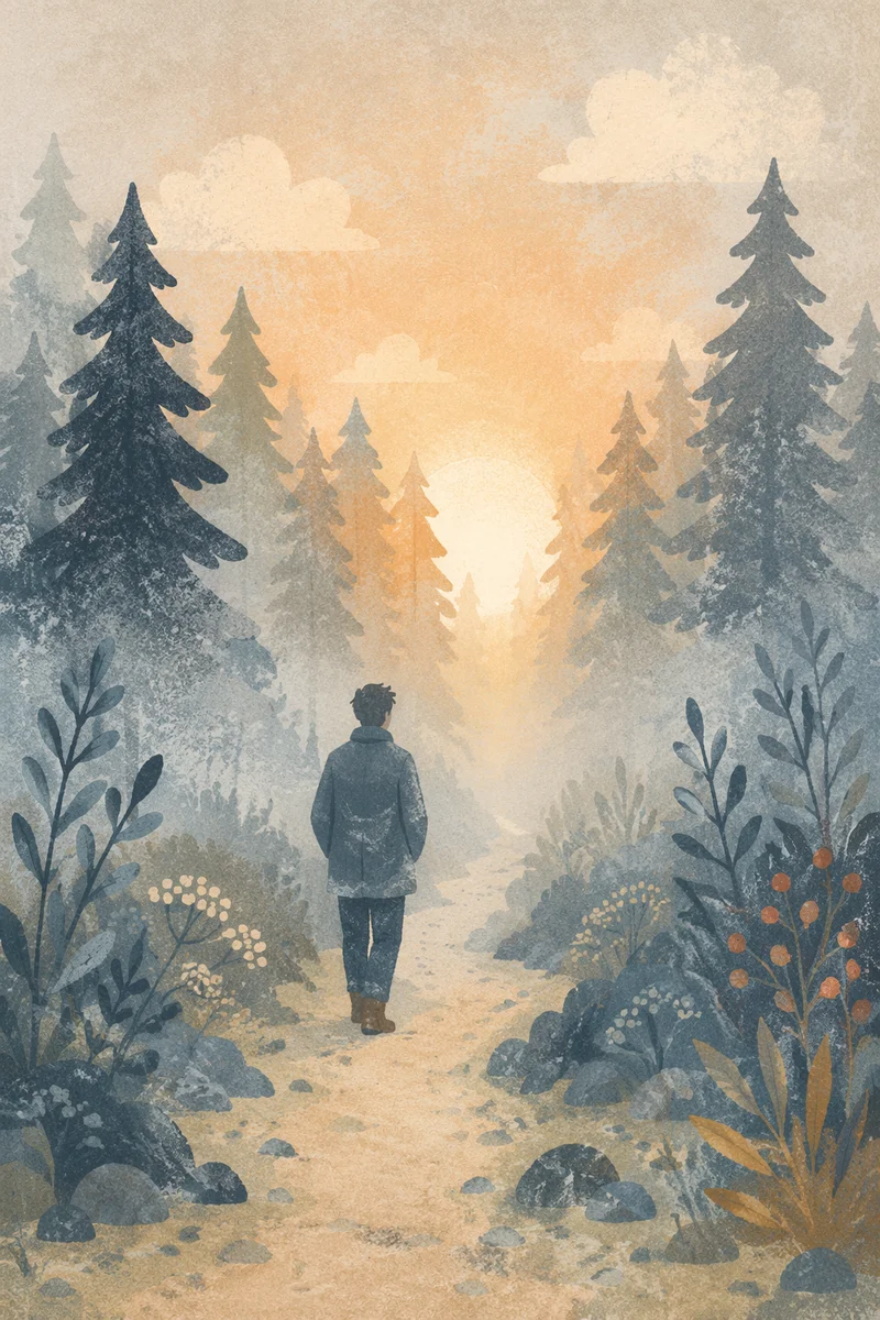 Lone Walker in Morning Fog Toward Light