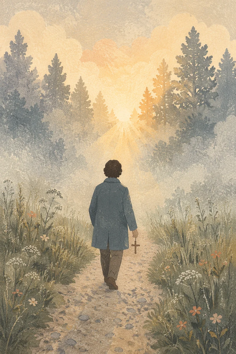 Solitary Walk Through Fog Toward Light
