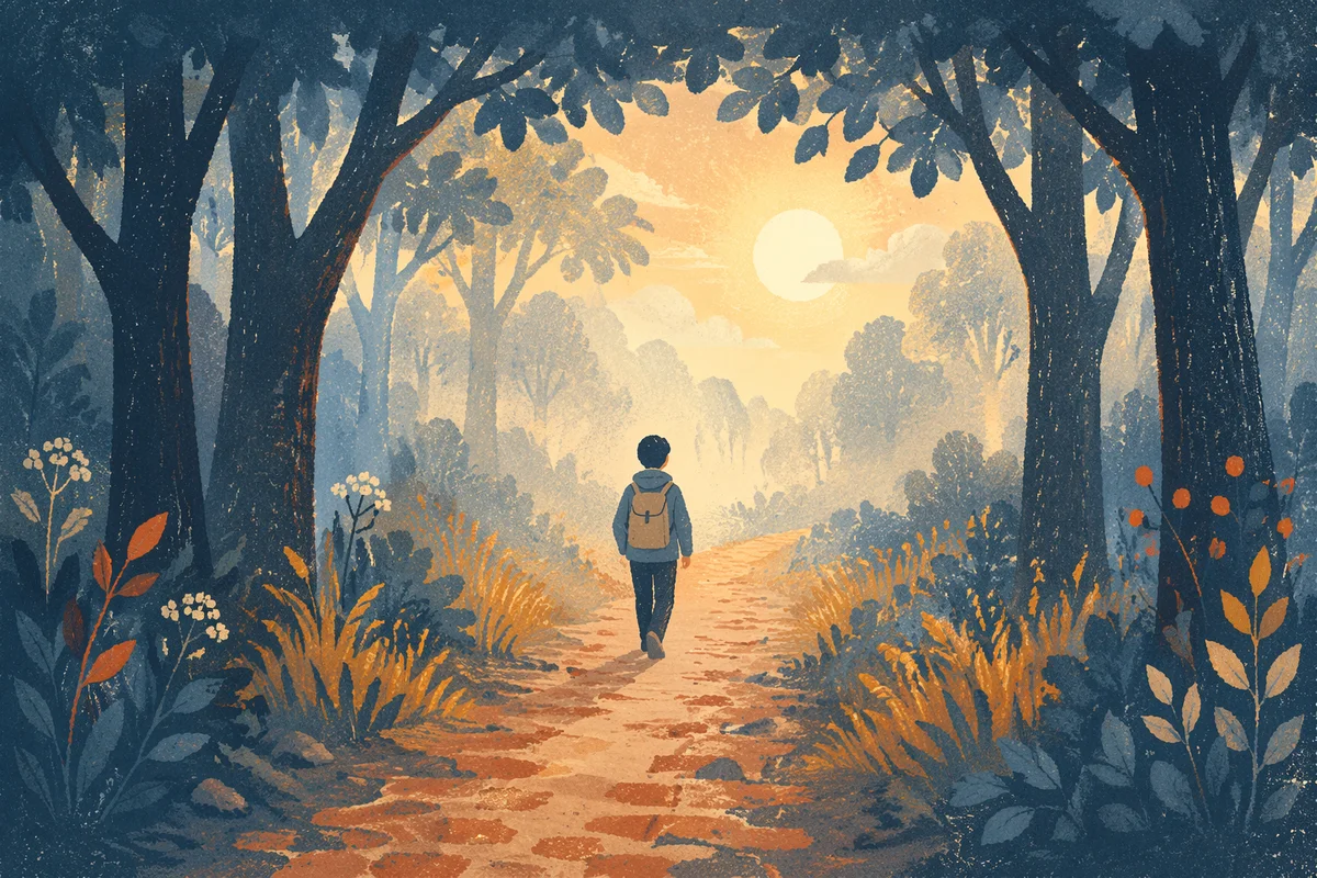 Walking Through Fog Toward Sunrise Light