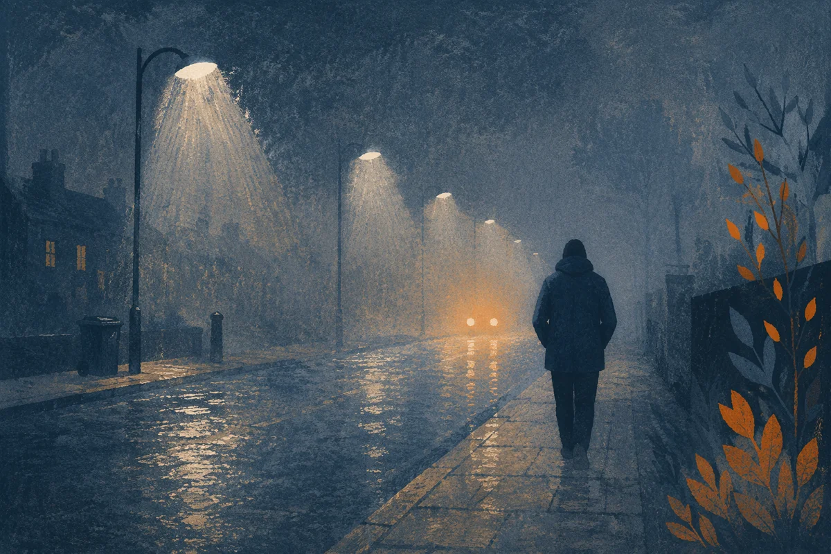 Silhouette Walking Through Fog Toward Light