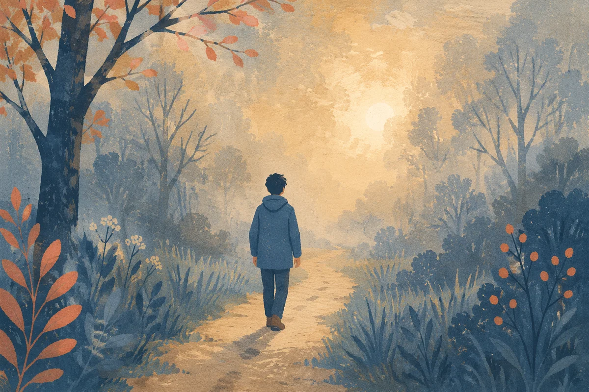 Solitary Walk Through Fog Toward Light