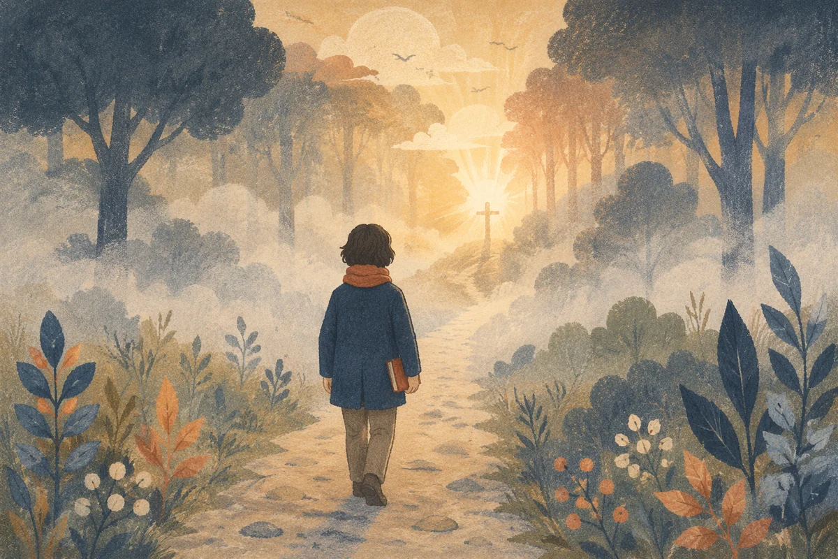 Solitary Walk Through Fog Toward Light