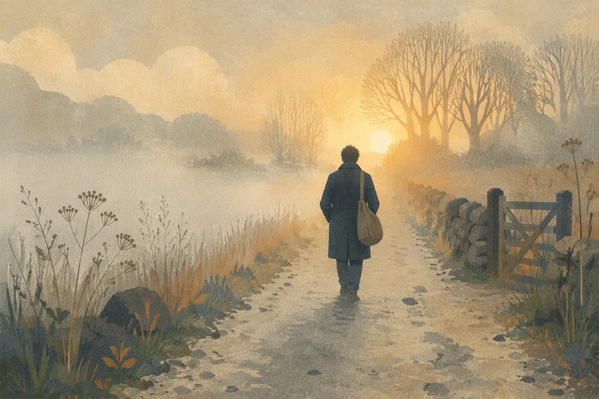 Solitary Walk Through Fog Toward Light