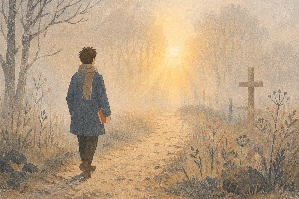Solitary Walk Through Fog Toward Sunrise