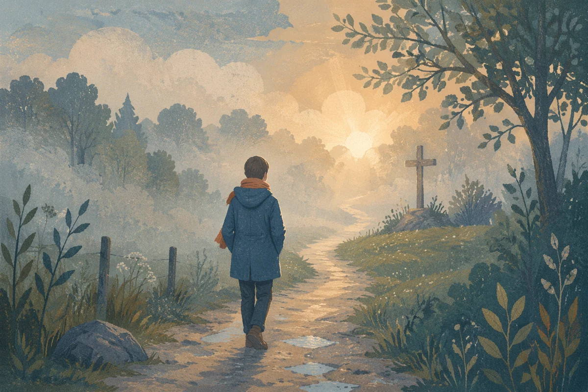 Walking Through Fog Toward Golden Light