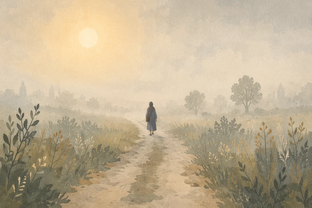 Solitary Pilgrim Walking Toward Morning Light