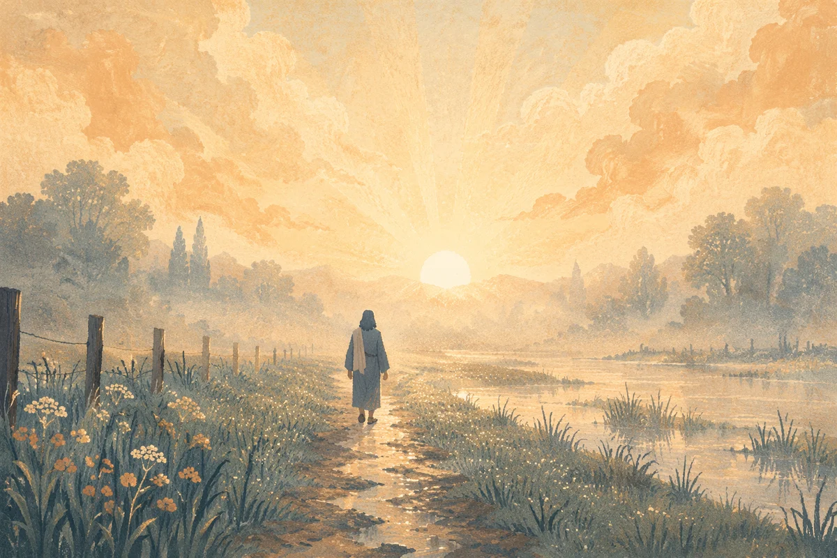 Lone Figure Walking Toward Golden Sunrise
