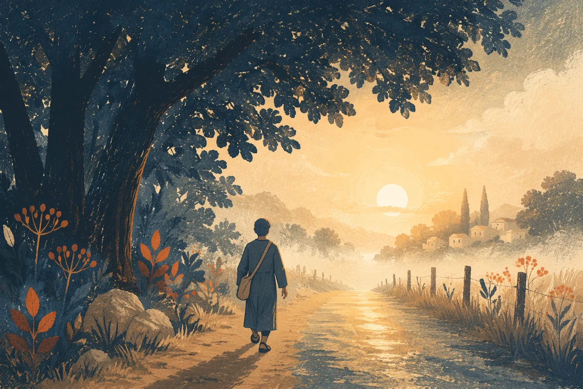 Solitary Walk Toward Morning Light