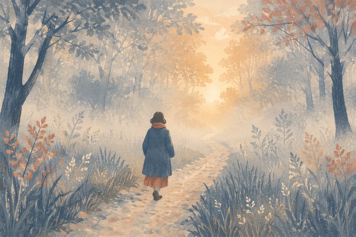 Solitary Walk Through Fog Toward Light