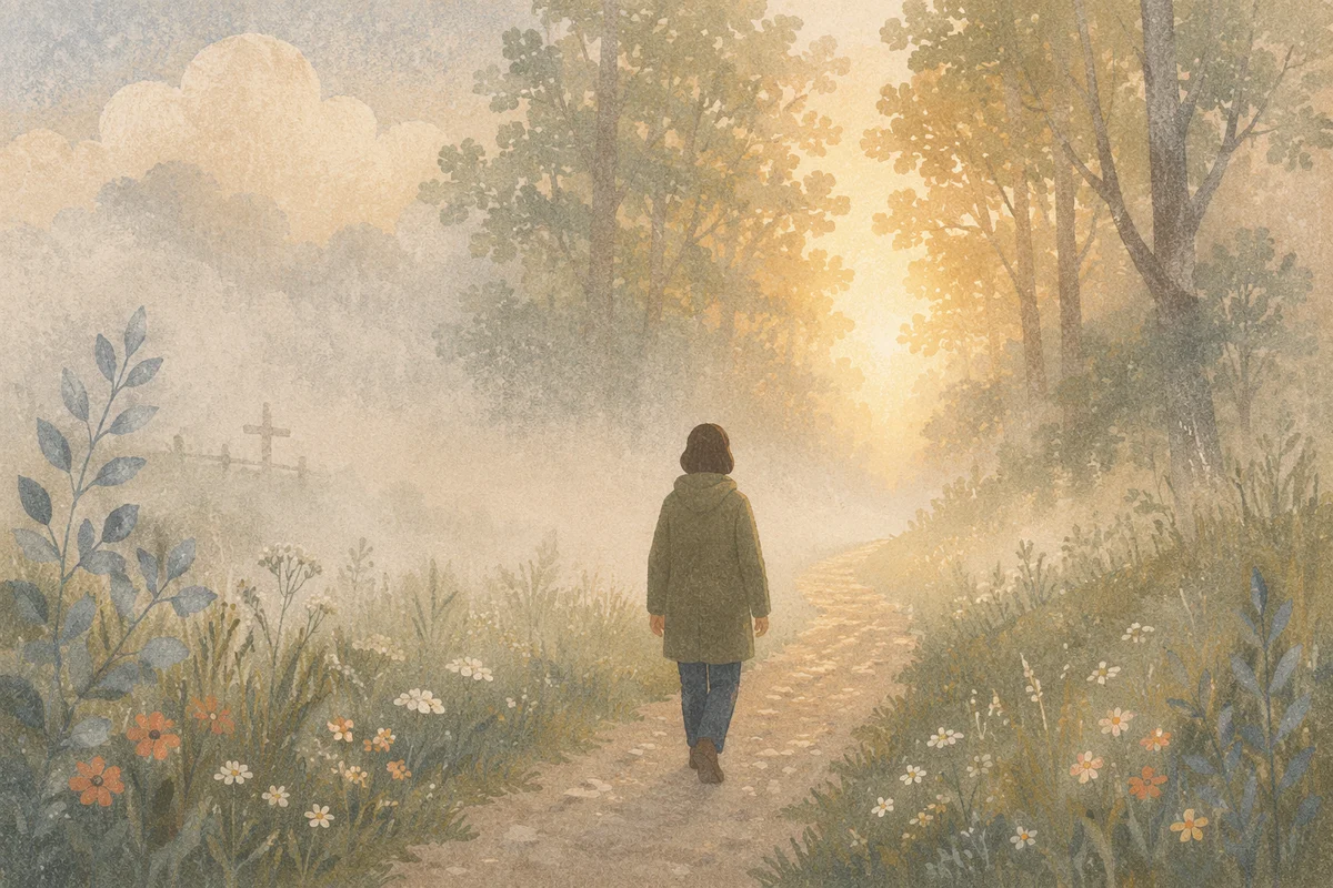 Solitary Walk Through Fog Toward Dawn Light