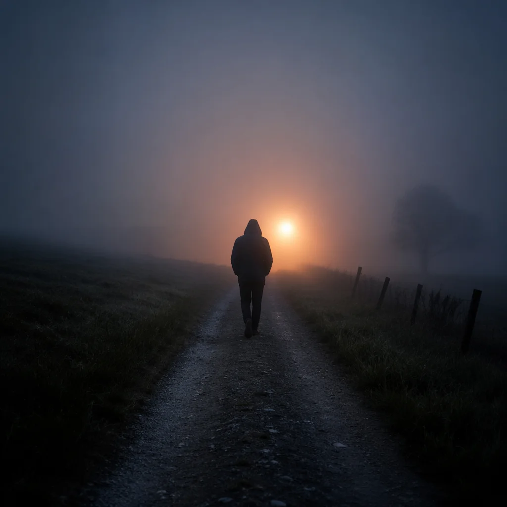 Lone Traveler Walking Through Fog Toward Light