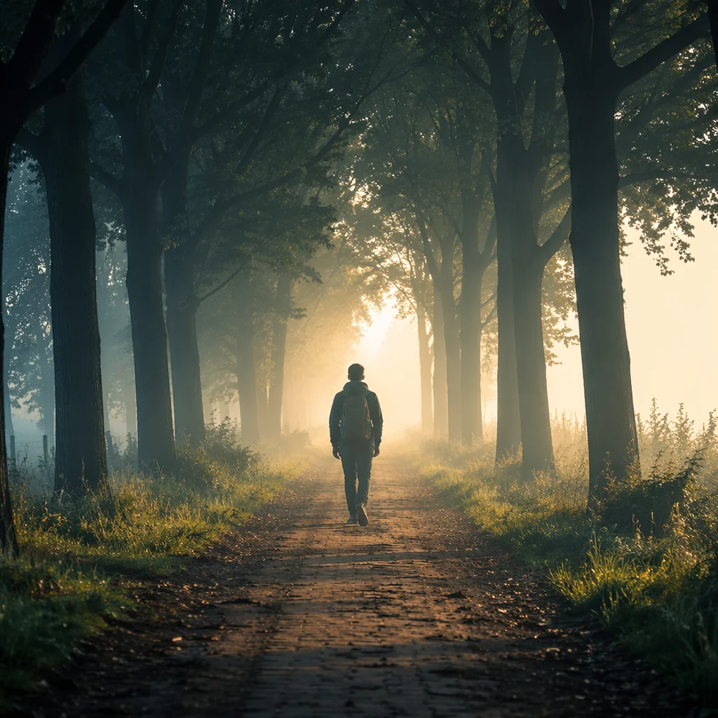 Person Walking Through Fog Toward Sunrise Light