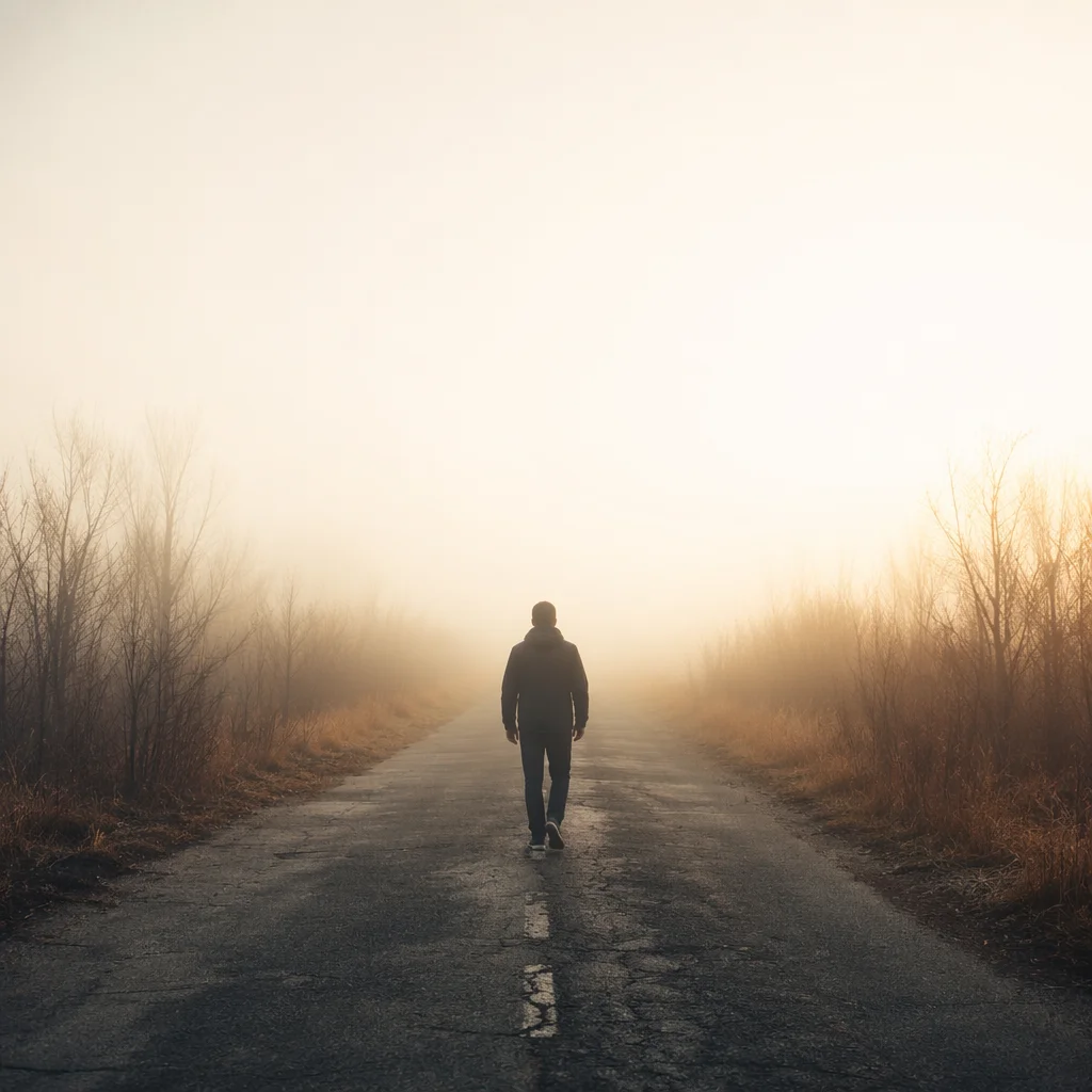 Solitary Walk Through Fog Toward Light