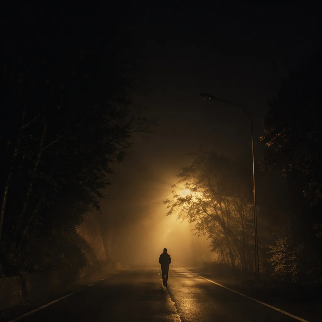 Lone Walk Toward Light Through Fog