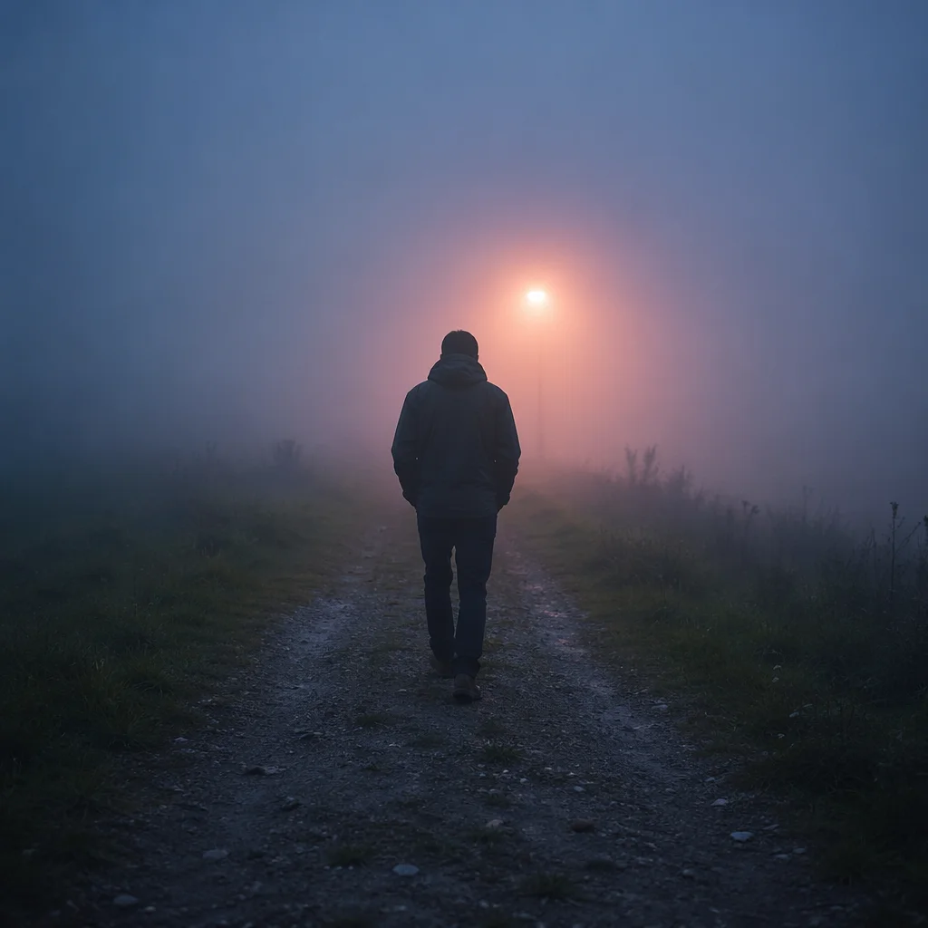 Lone Traveler Walking Through Fog Toward Light