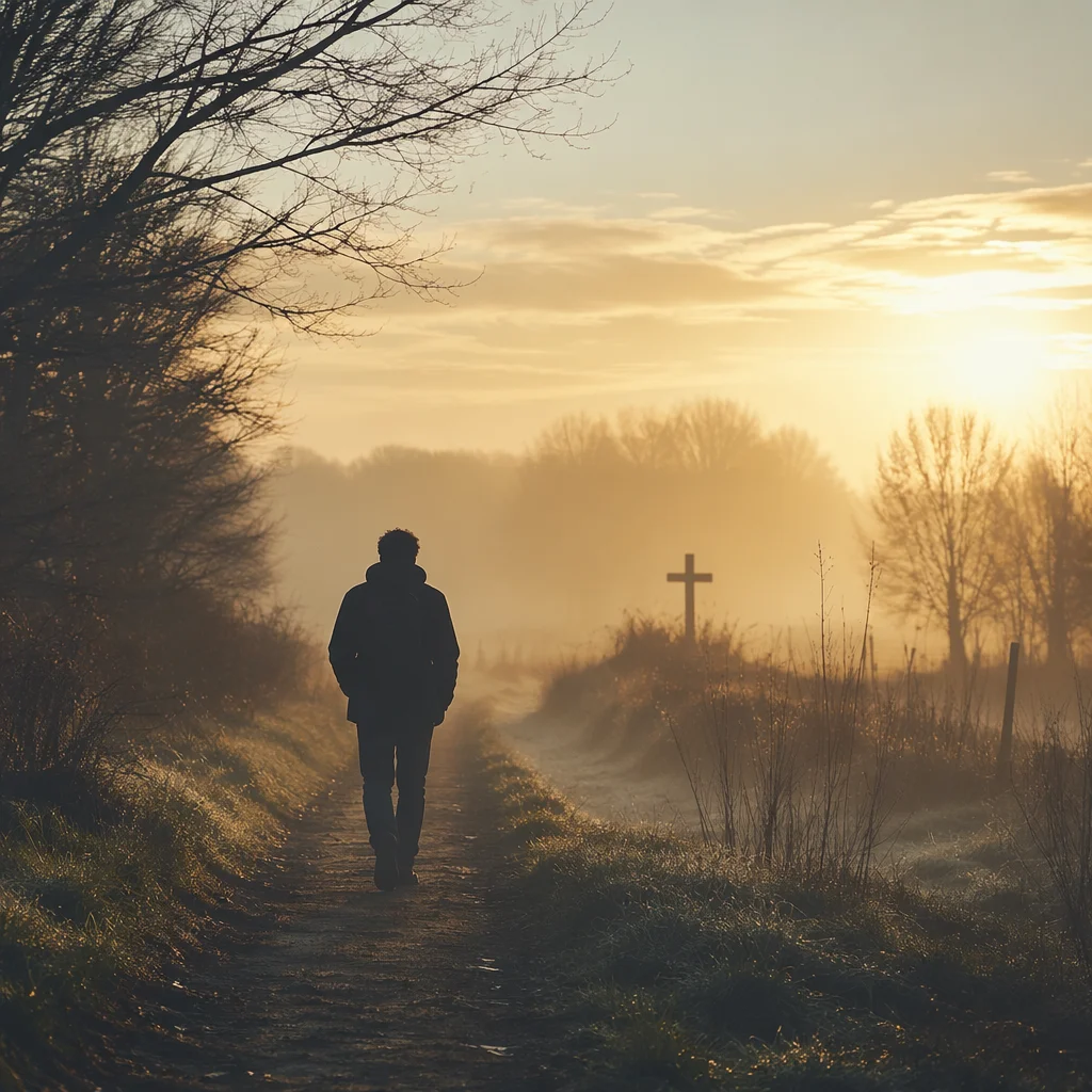 Silhouette Walking Through Fog Toward Light