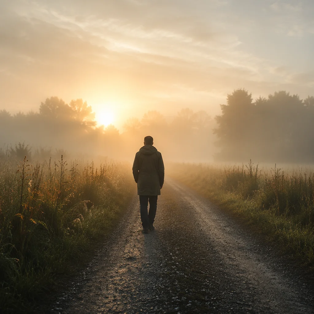 Solitary Walker Through Fog Toward Golden Light