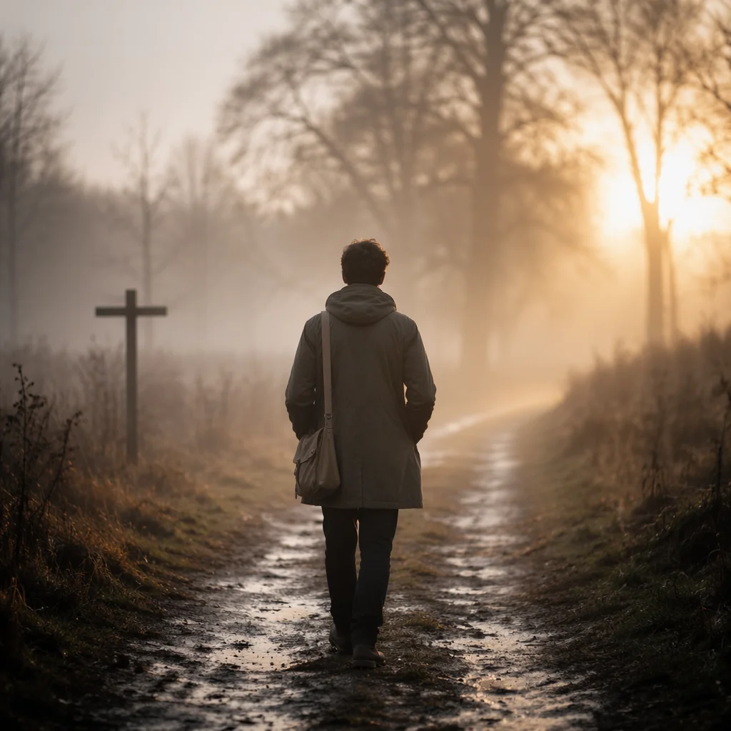 Solitary Walk Through Fog Toward Light