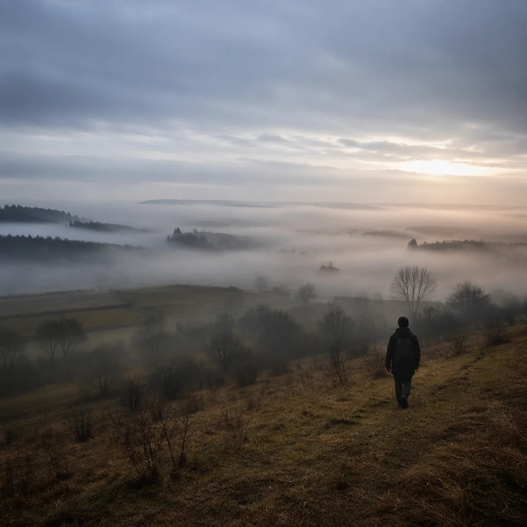 Lone Person Walking Toward Morning Light