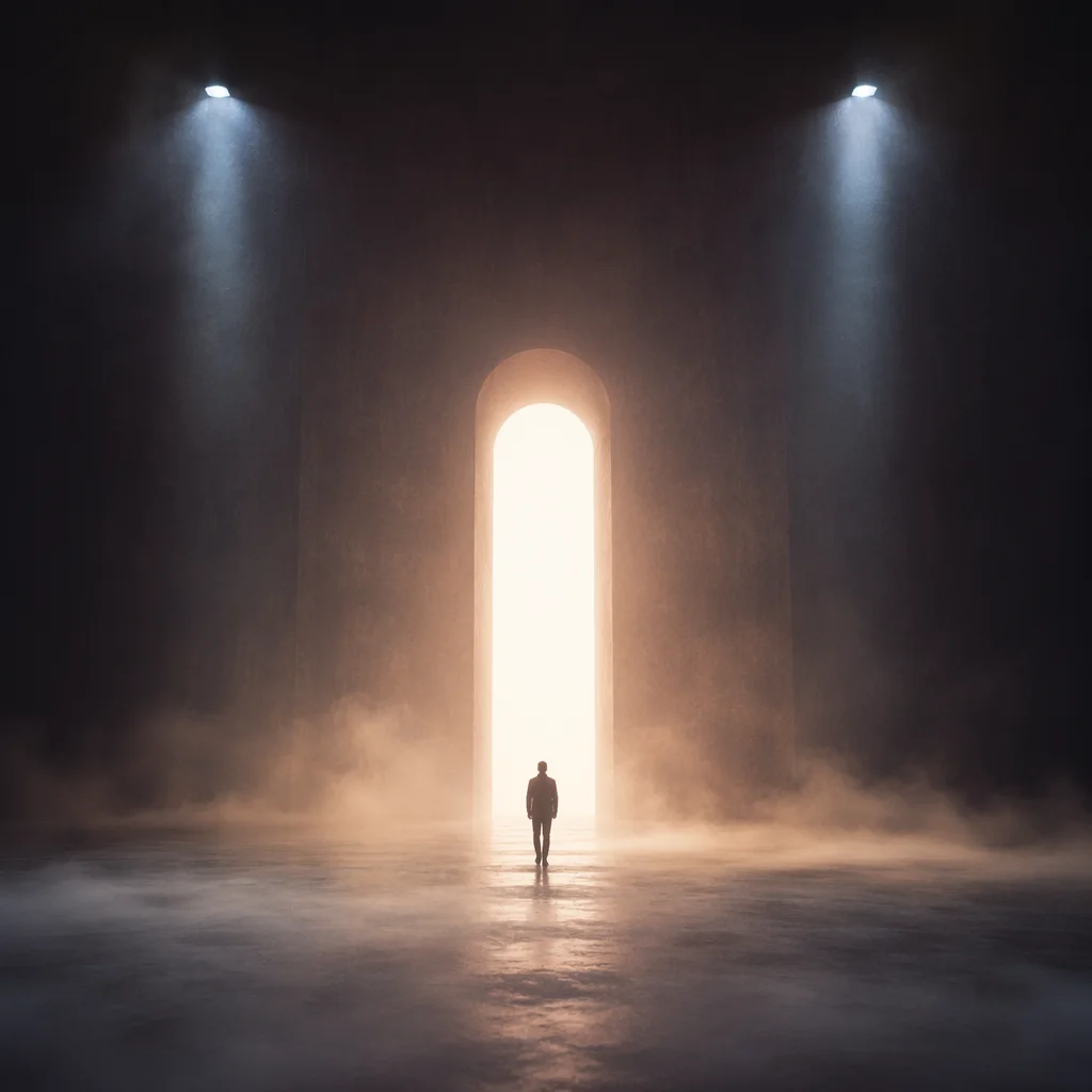 Lone Figure Walking Toward Radiant Doorway