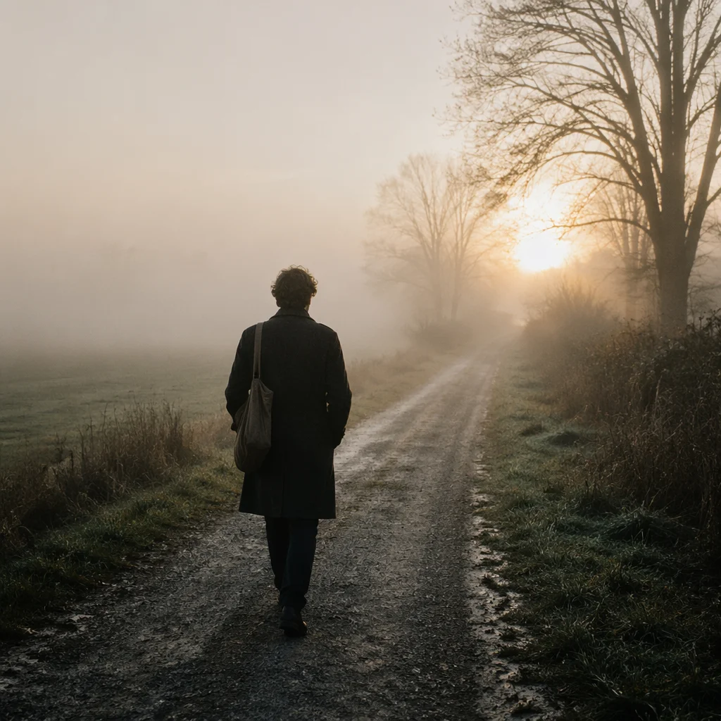 Solitary Walk Toward Golden Morning Light