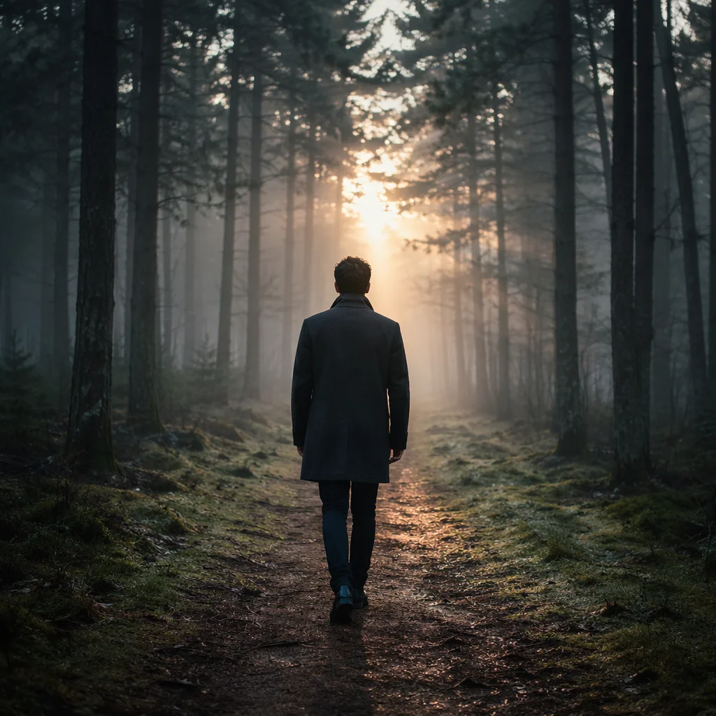 Man Walking Through Fog Toward Light