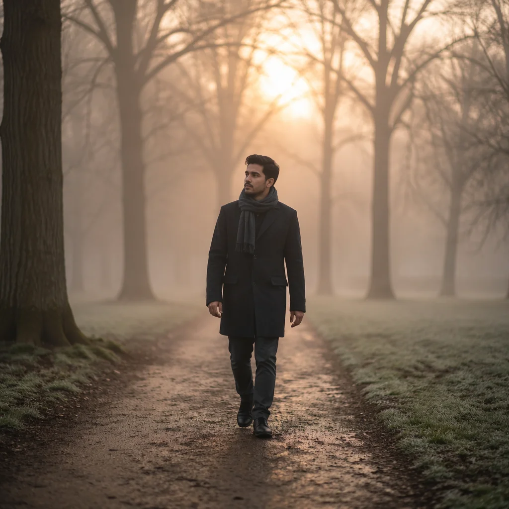 Man Walking Through Foggy Park Path