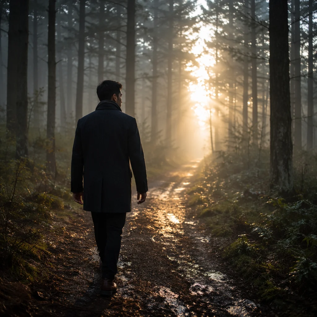 Man Walking Through Foggy Forest Path