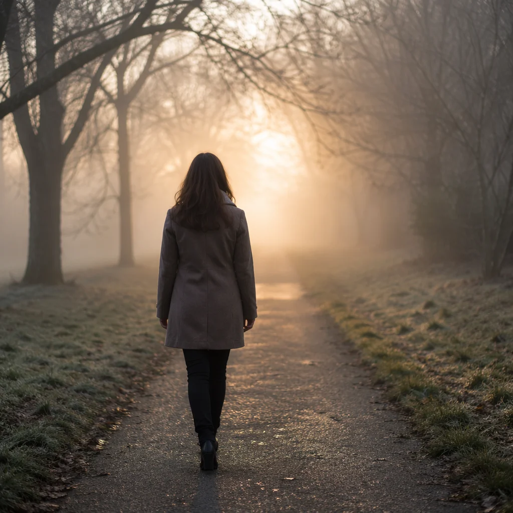 Woman Walking Through Foggy Park Path