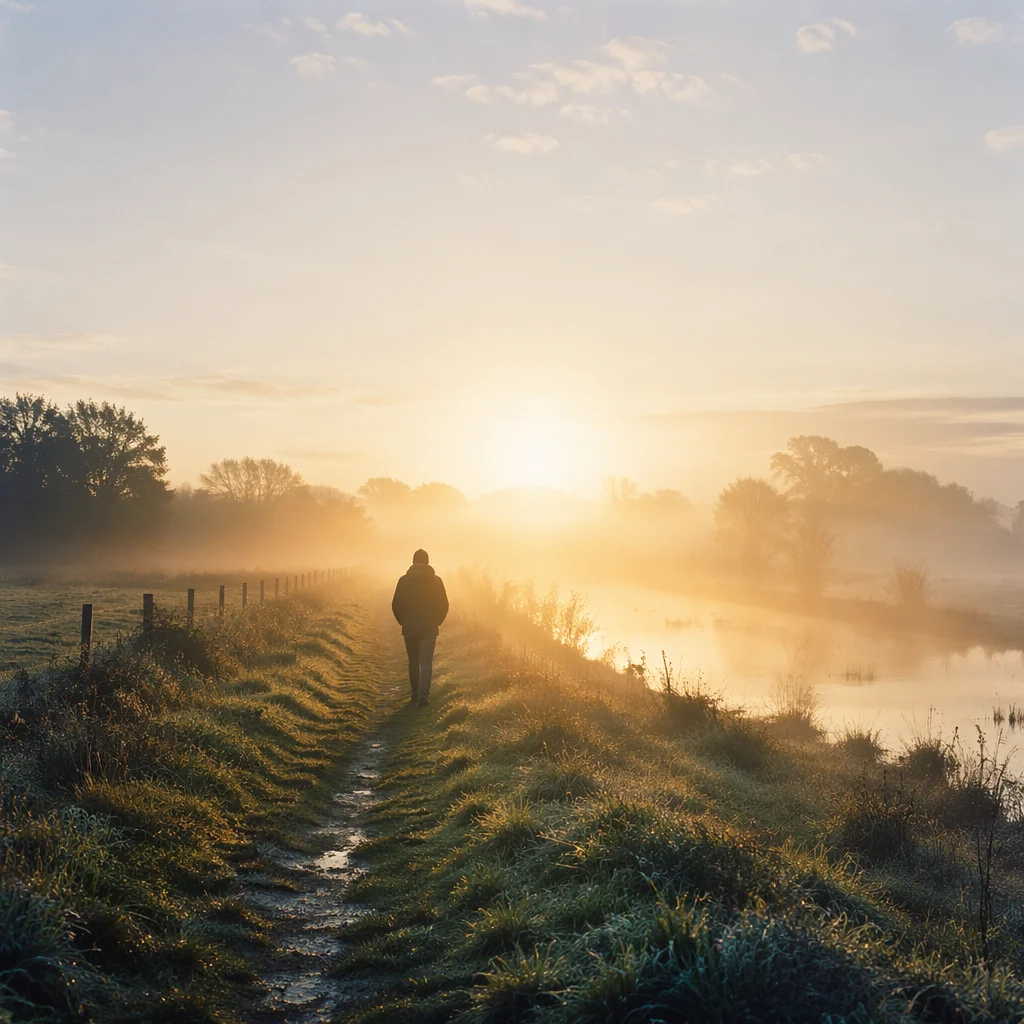 Lone Figure Walking Toward Sunrise Fog