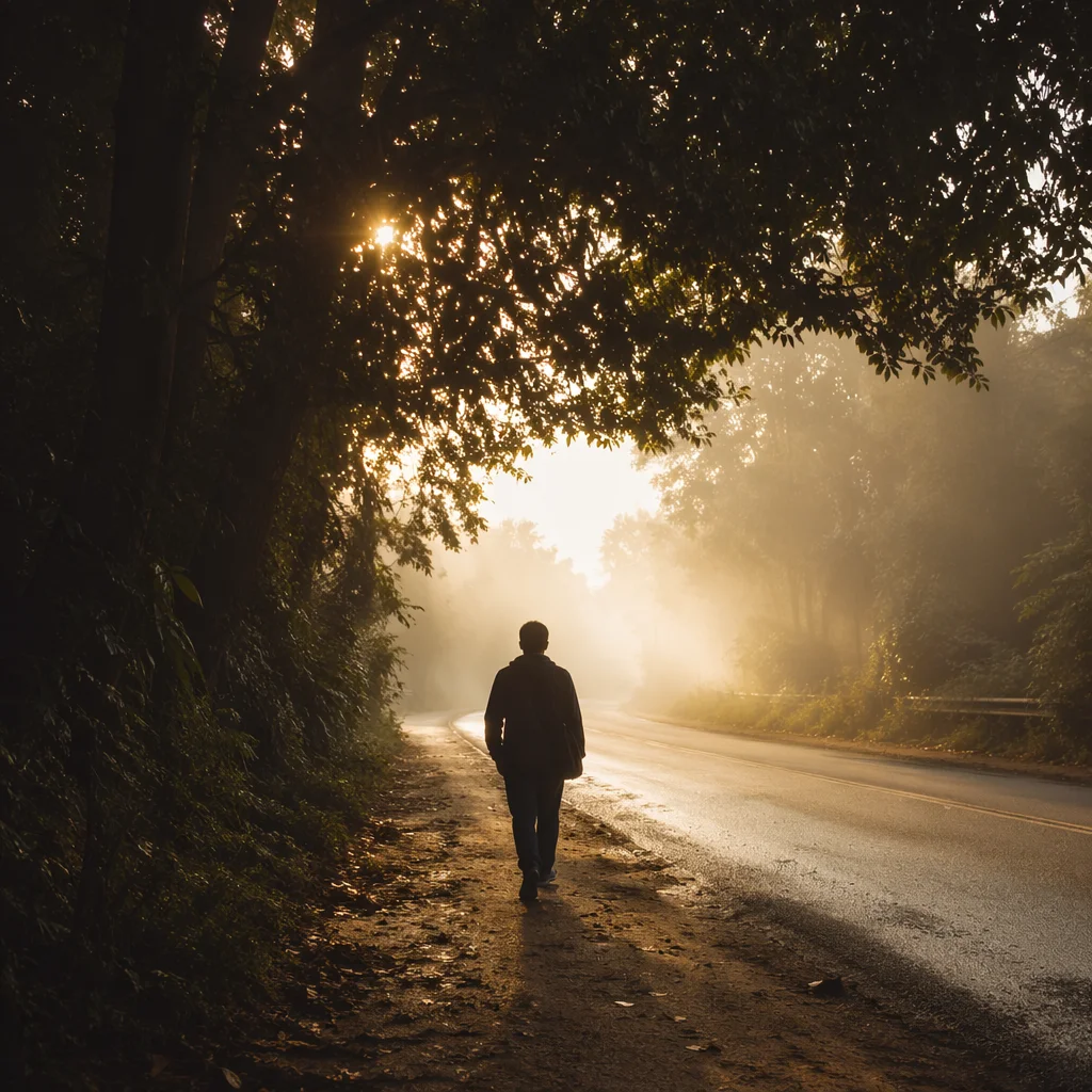 Walking Through Morning Fog Toward Light