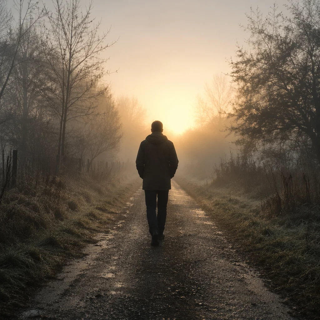 Lone Walker Toward Morning Light