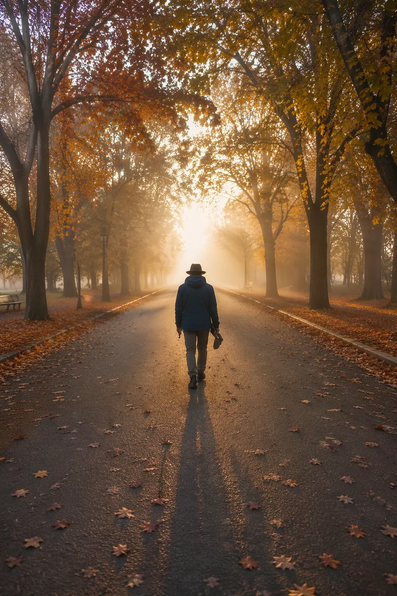 Walking Through Morning Fog Toward Light