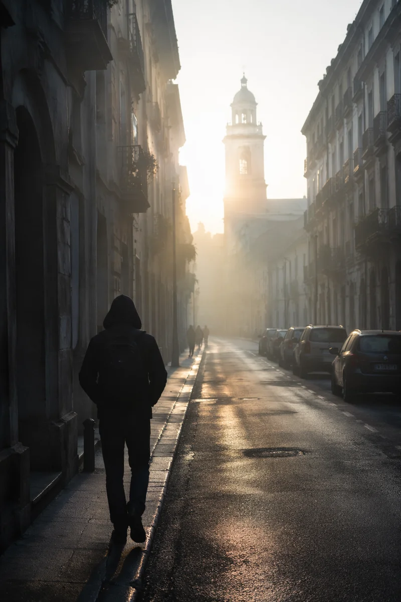Walking Through Fog Toward Morning Light