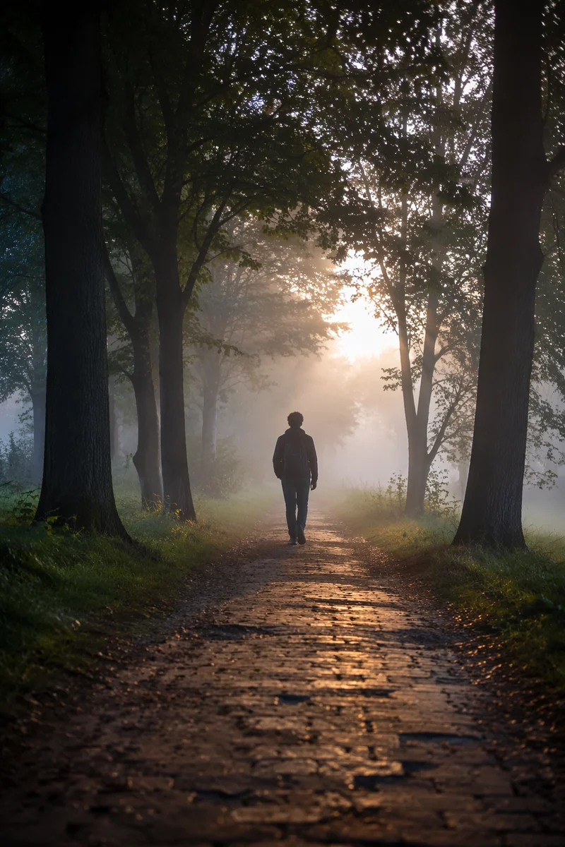 Lone Walker Entering Foggy Sunrise Path