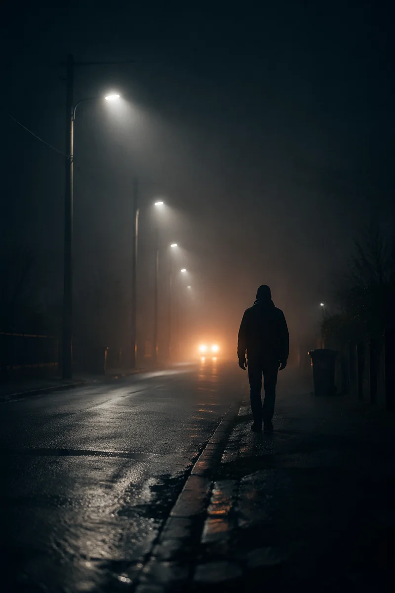 Silhouette Walking Through Fog Toward Light