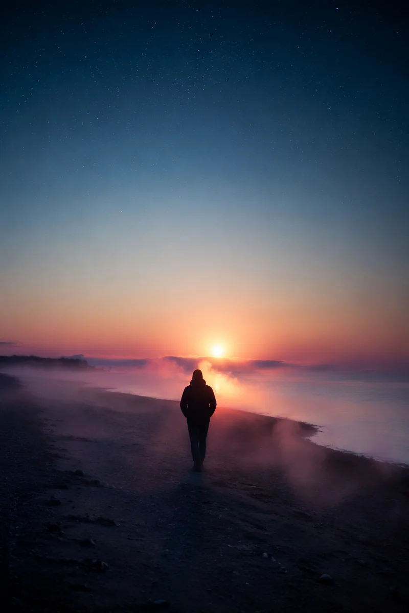 Silhouette Walking Through Coastal Fog Toward Light