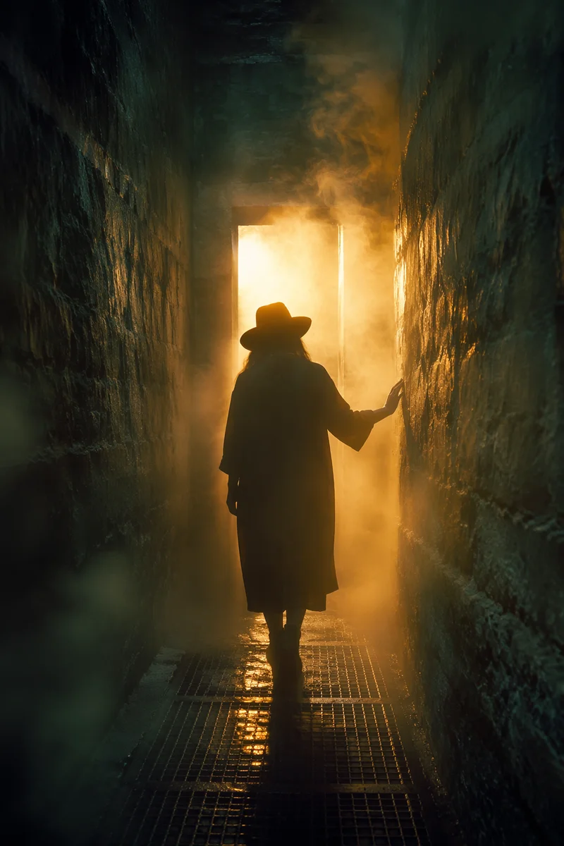 Lone Walker Entering Golden Foggy Light