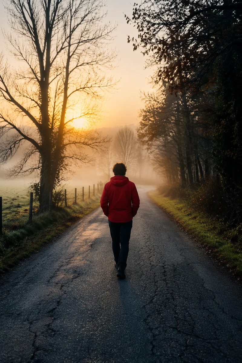 Solitary Walk Through Morning Fog