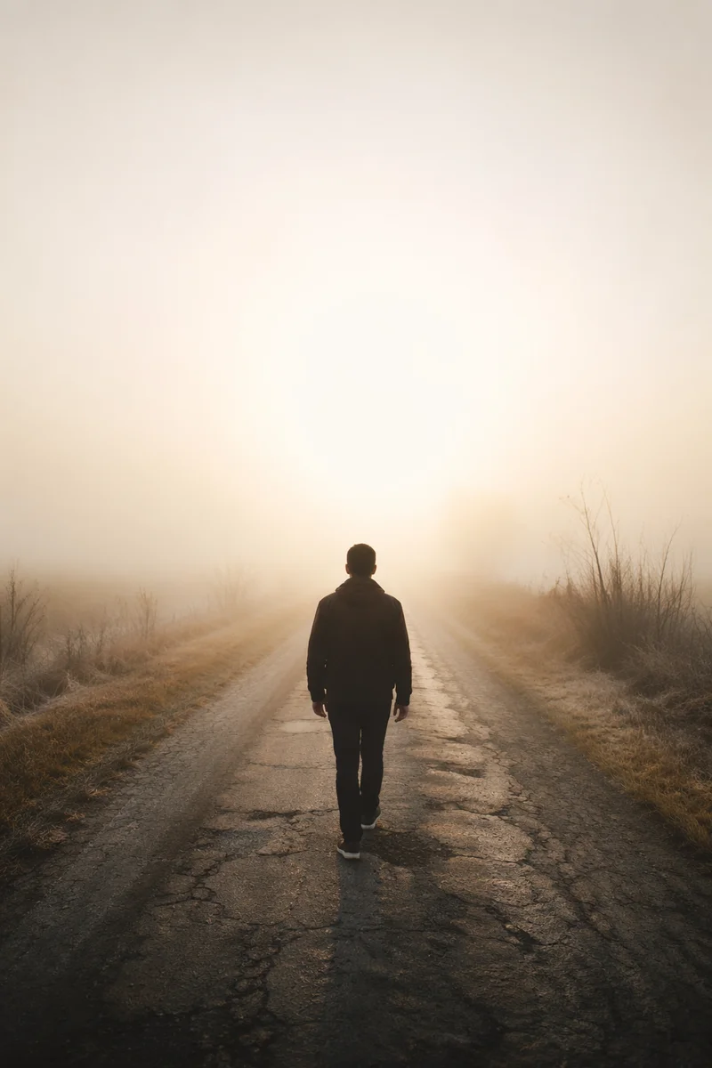 Solitary Journey Through Fog Toward Light