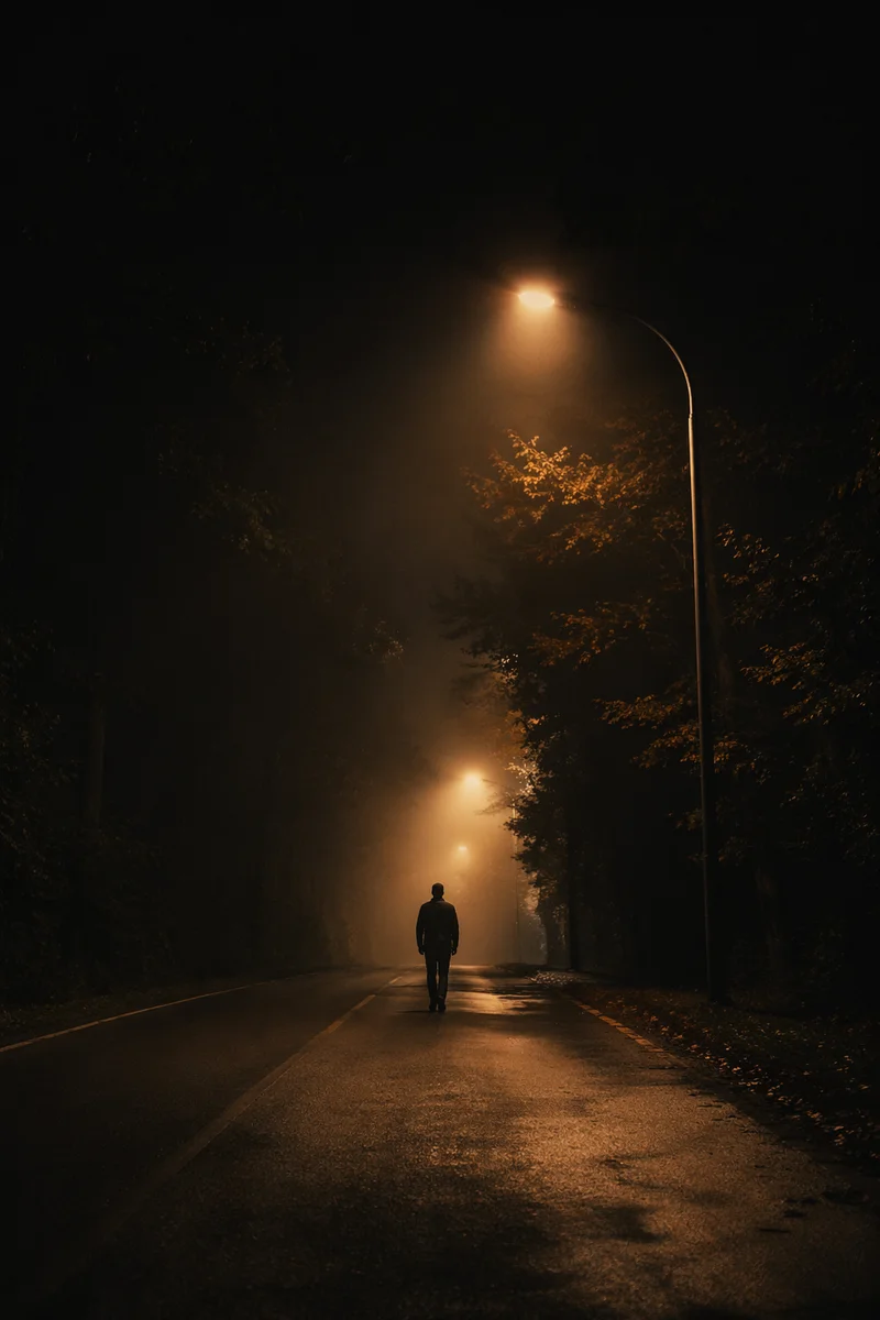 Lone Walker Toward Foggy Amber Light