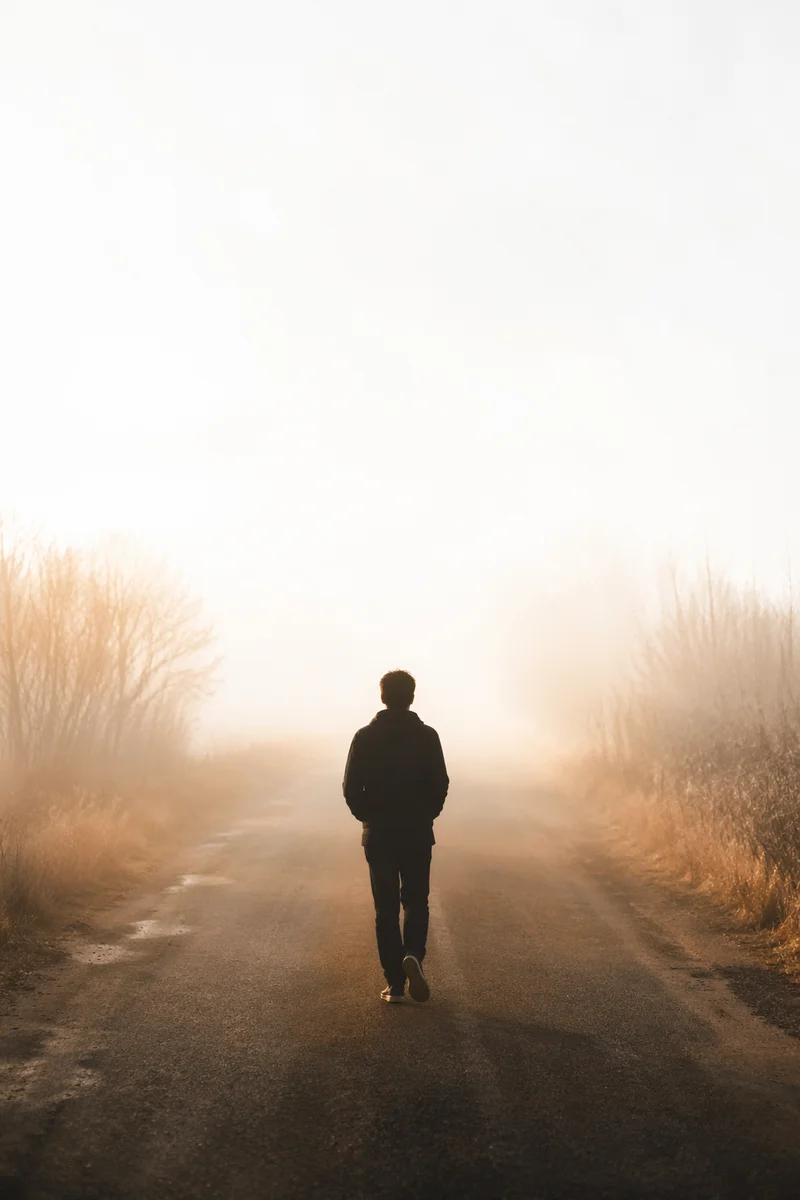 Lone Traveler Walking Through Fog Toward Light