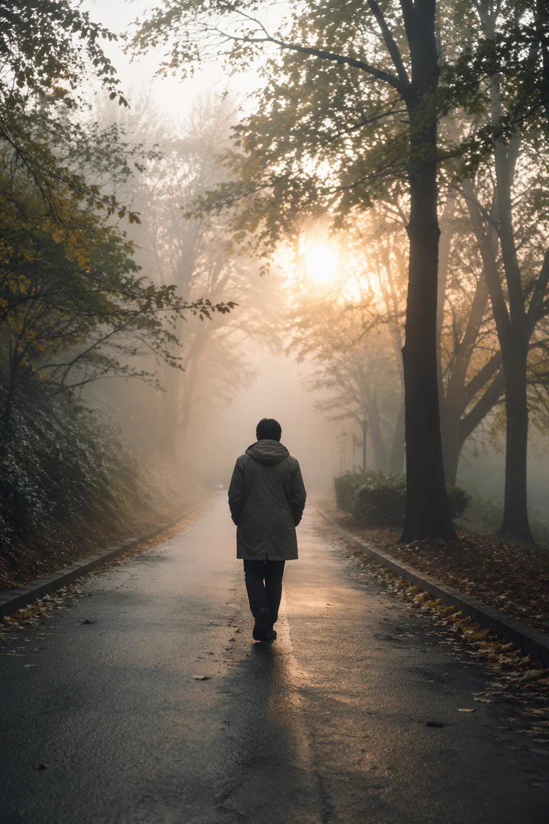 Walking Through Fog Toward Golden Light