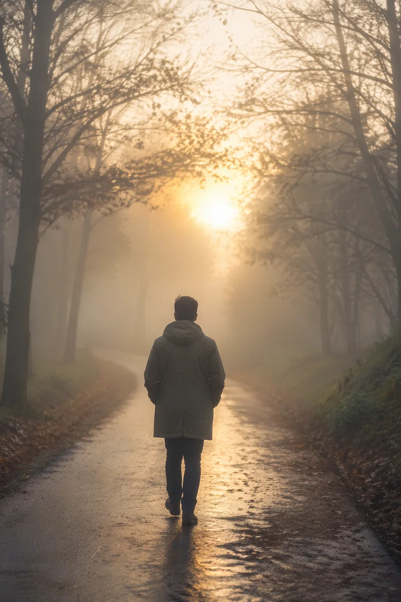 Person Walking Through Fog Toward Light