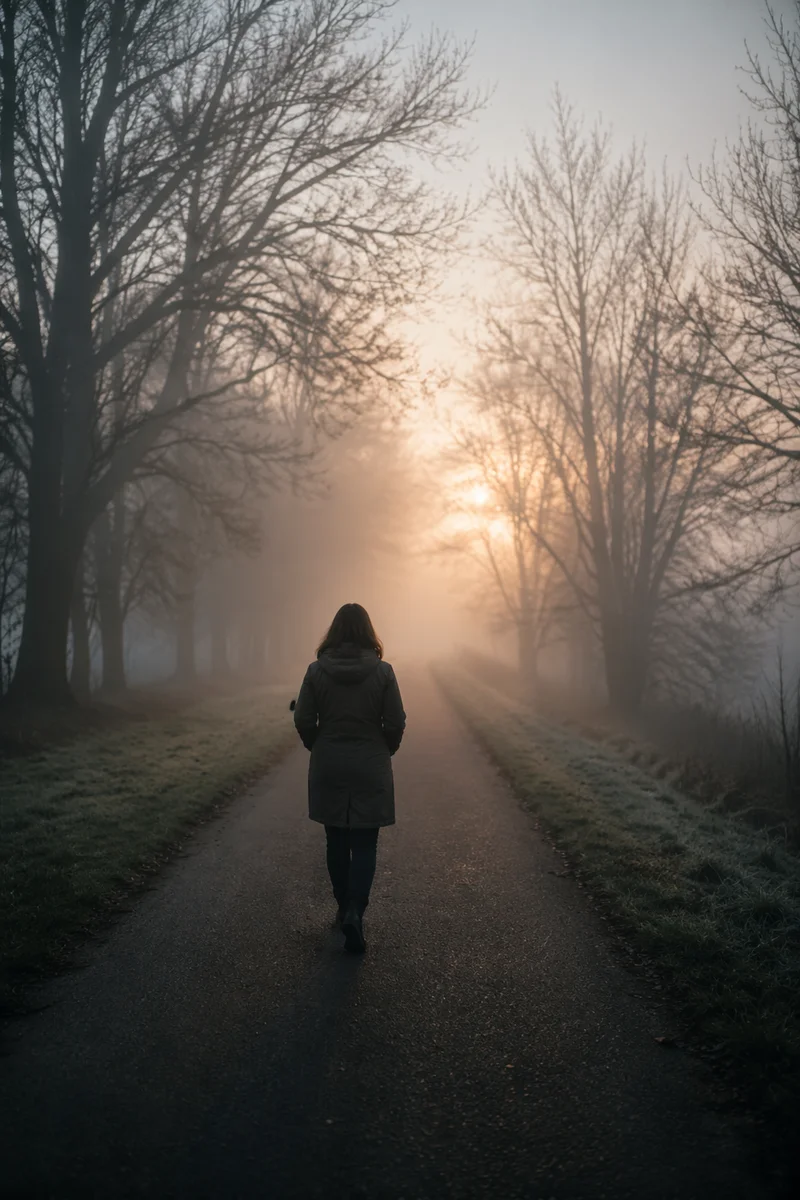 Person Walking Through Fog Toward Light
