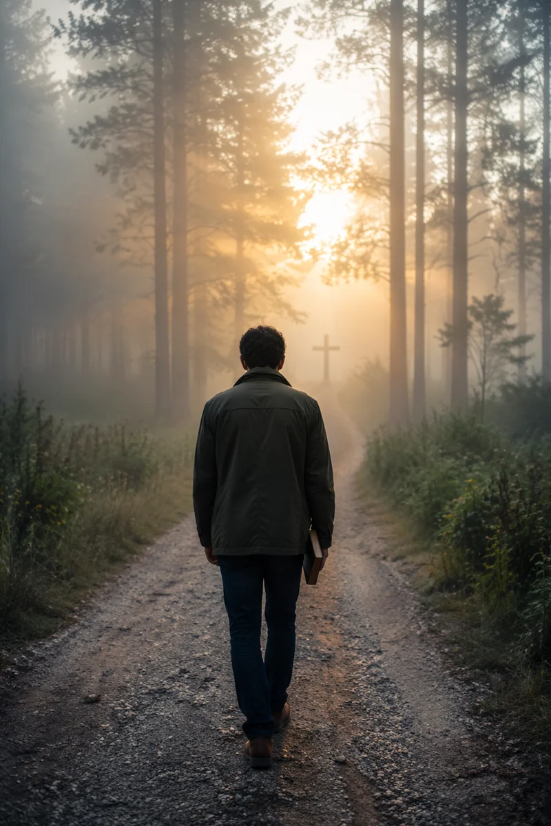 Walking Through Fog Toward Golden Light